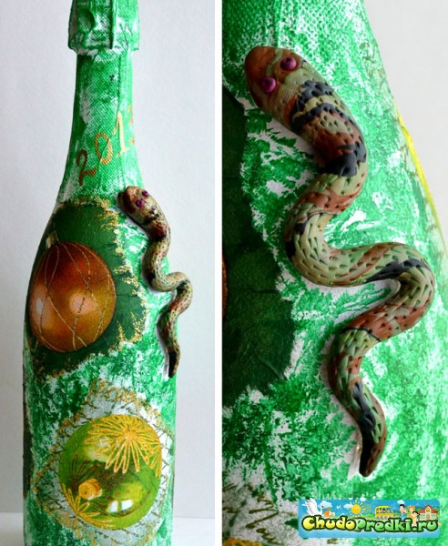 Декупаж бутылки 2013 со змеей. Мастер класс с пошаговыми фото