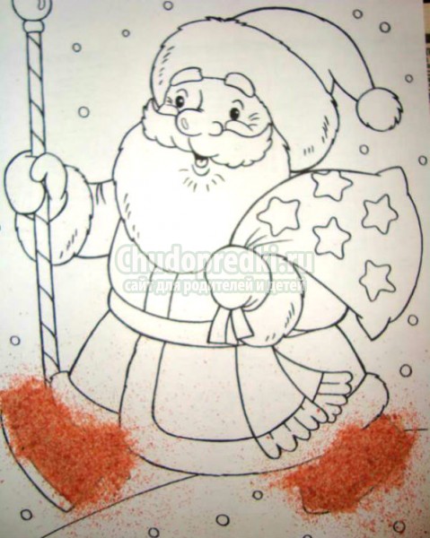 рисование манной крупой. Картина дед Мороз